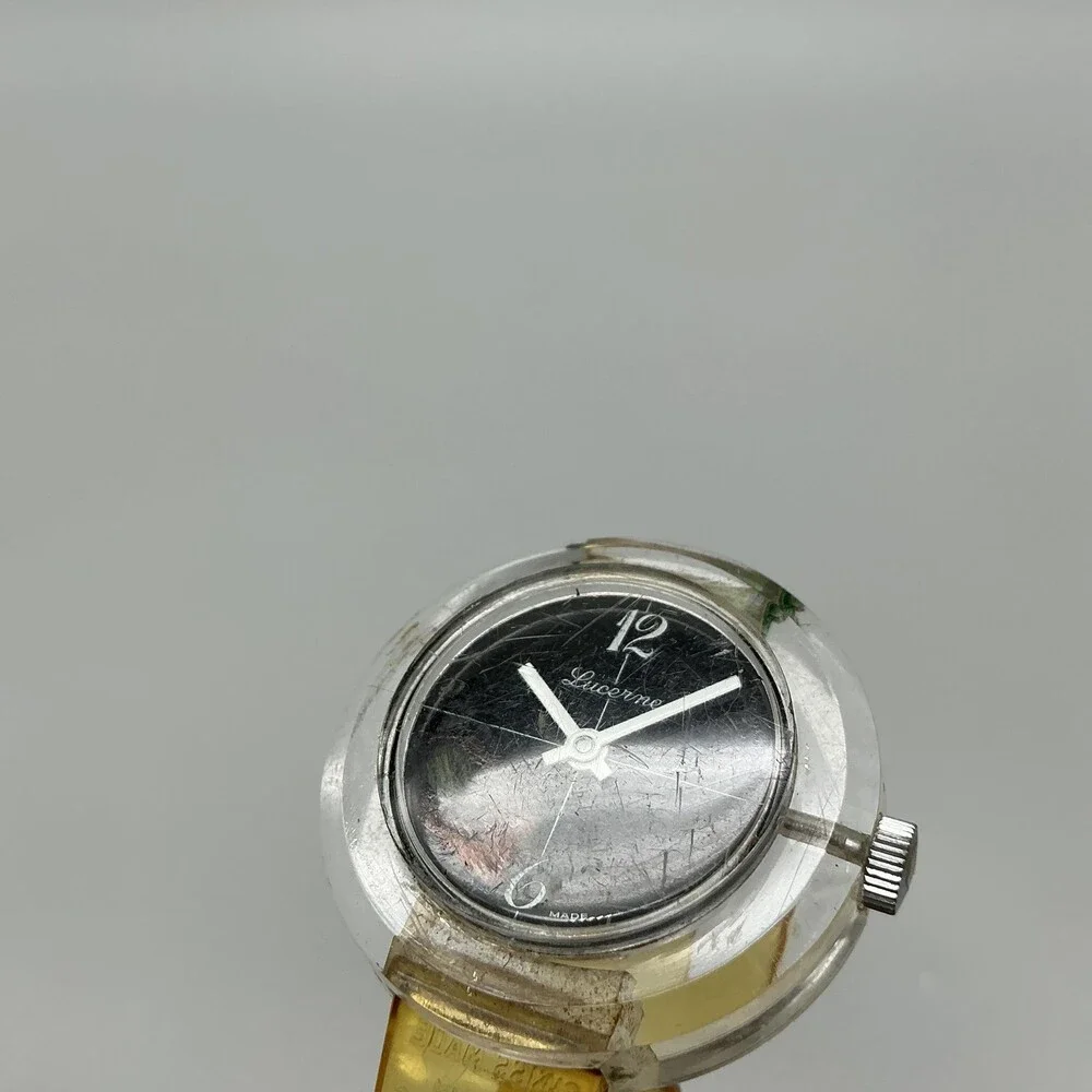 Vintage Lucerne Mens Watch 36mm Black Dial Clear Case Silicone Strap Manual Wind